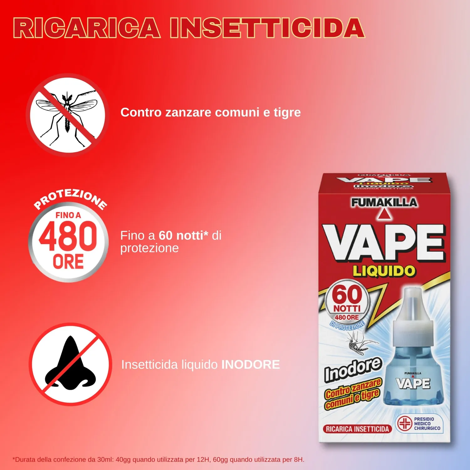Vape Liquido Inodore Ricarica Insetticida 30 ml 480H