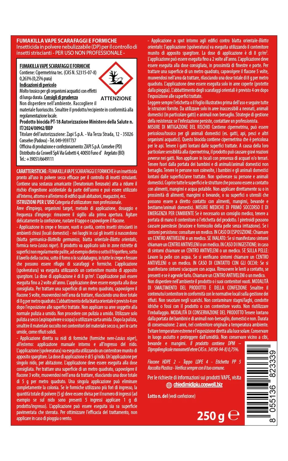Vape Scarafaggi e Formiche Insetticida Polvere 250g pronta uso