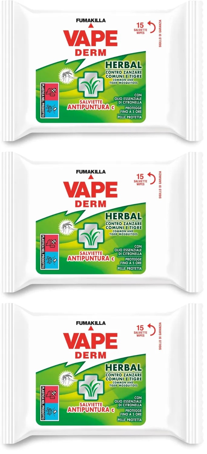 Vape Derm Herbal Salviette Antipuntura 15 Pezzi Citronella