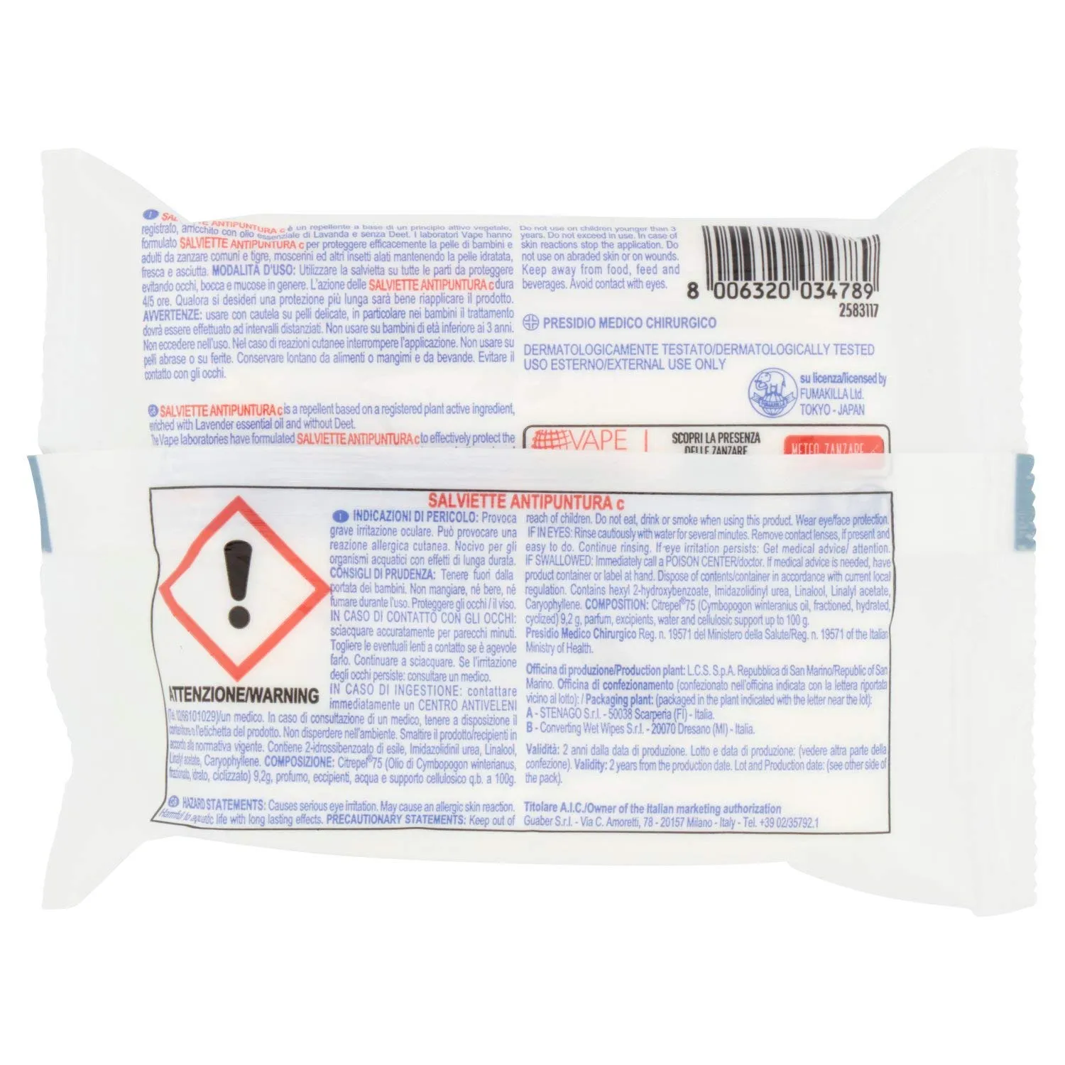Vape Derm Herbal Salviette Antipuntura 15 Pezzi Citronella