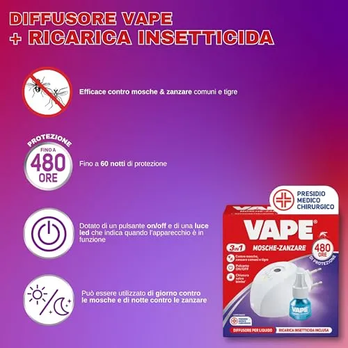 Vape Diffusore Elettrico Antizanzare + Ricarica 22 ml 480 Ore