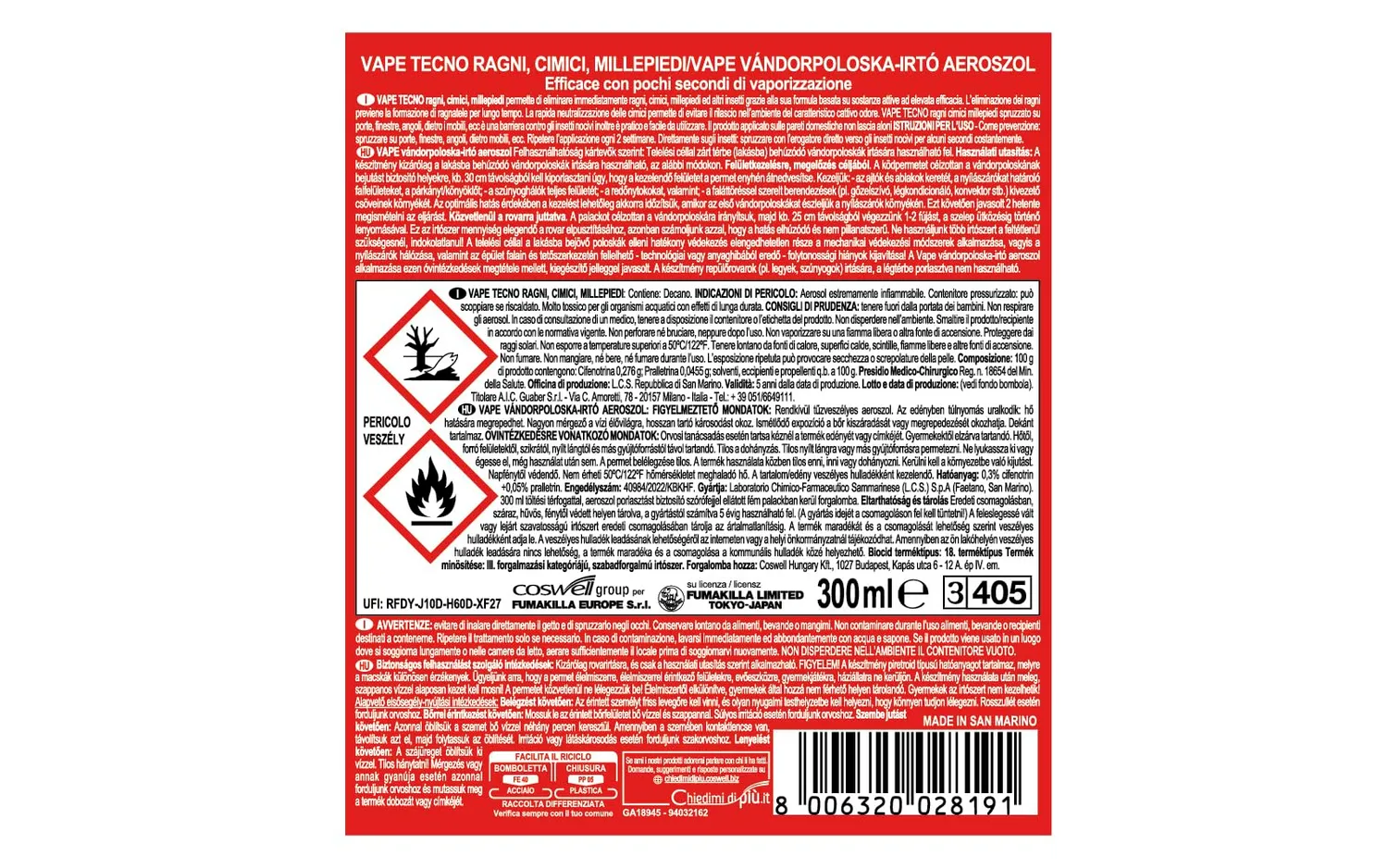 Vape Tecno Ragni Cimici Millepiedi insetticida spray 300ml