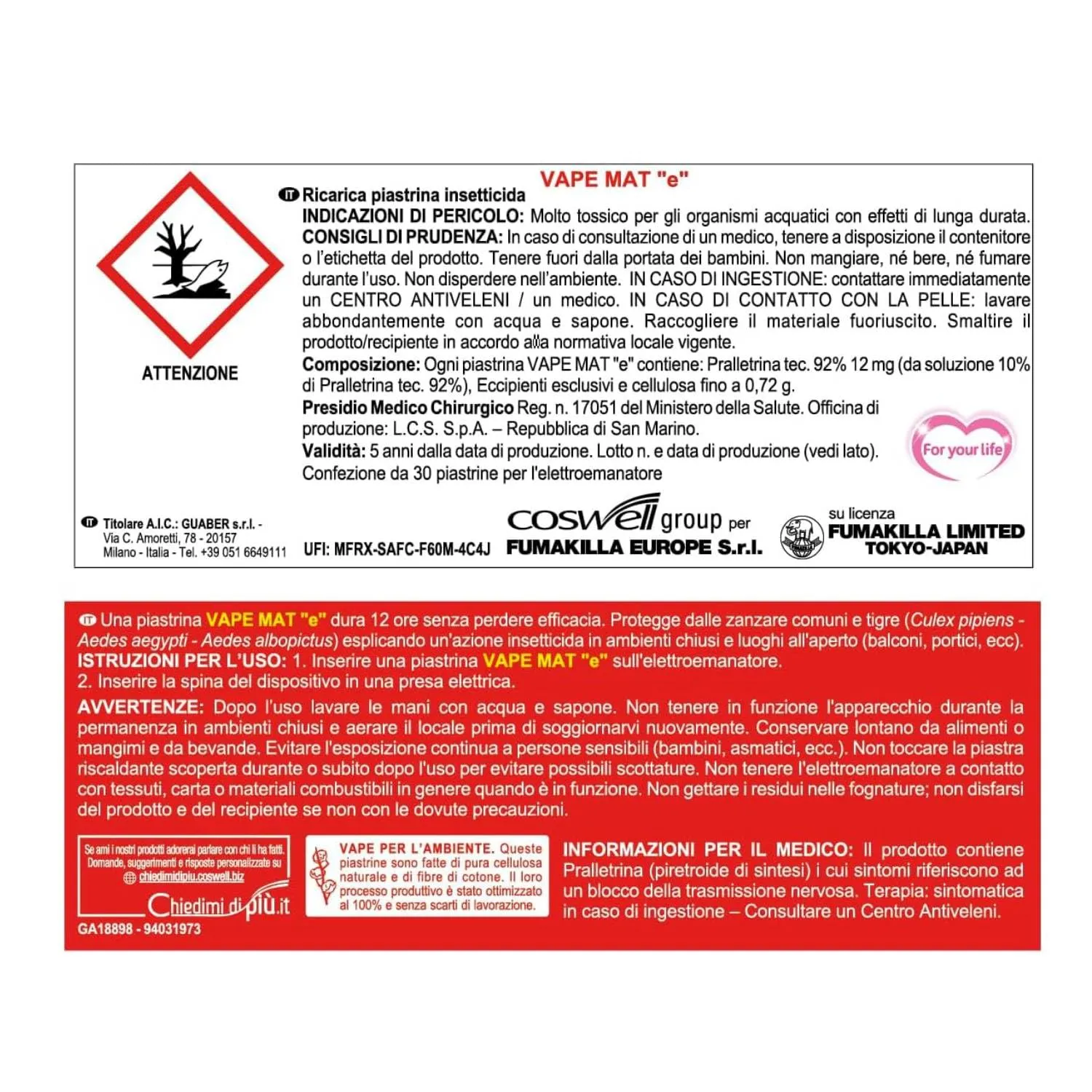 Vape Piastrine Ricarica Antiodore 60pz zanzare tigre
