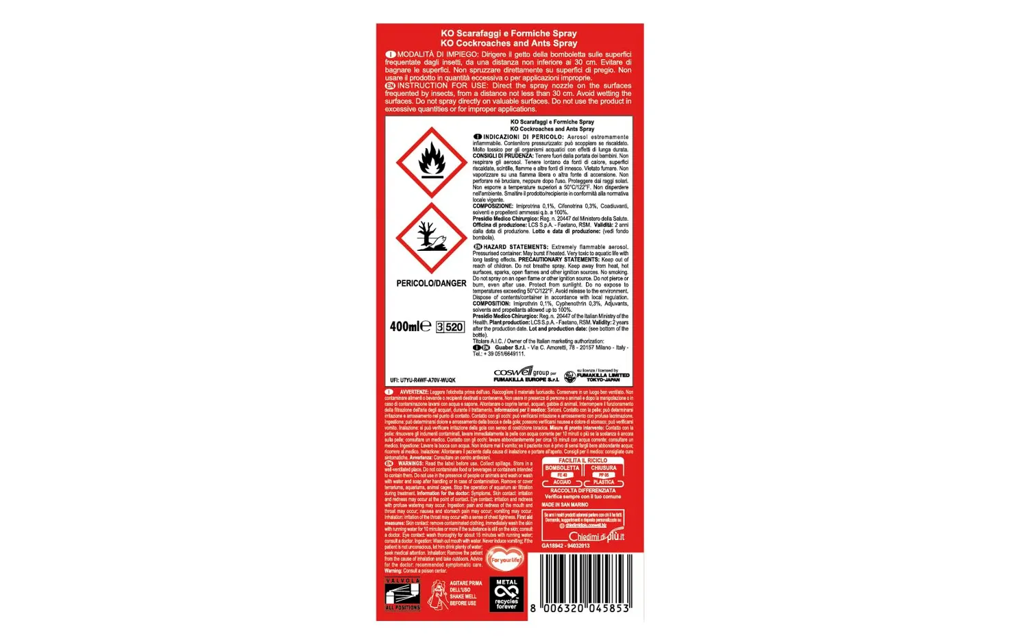 Vape spray scarafaggi e formiche insetticida 400ml
