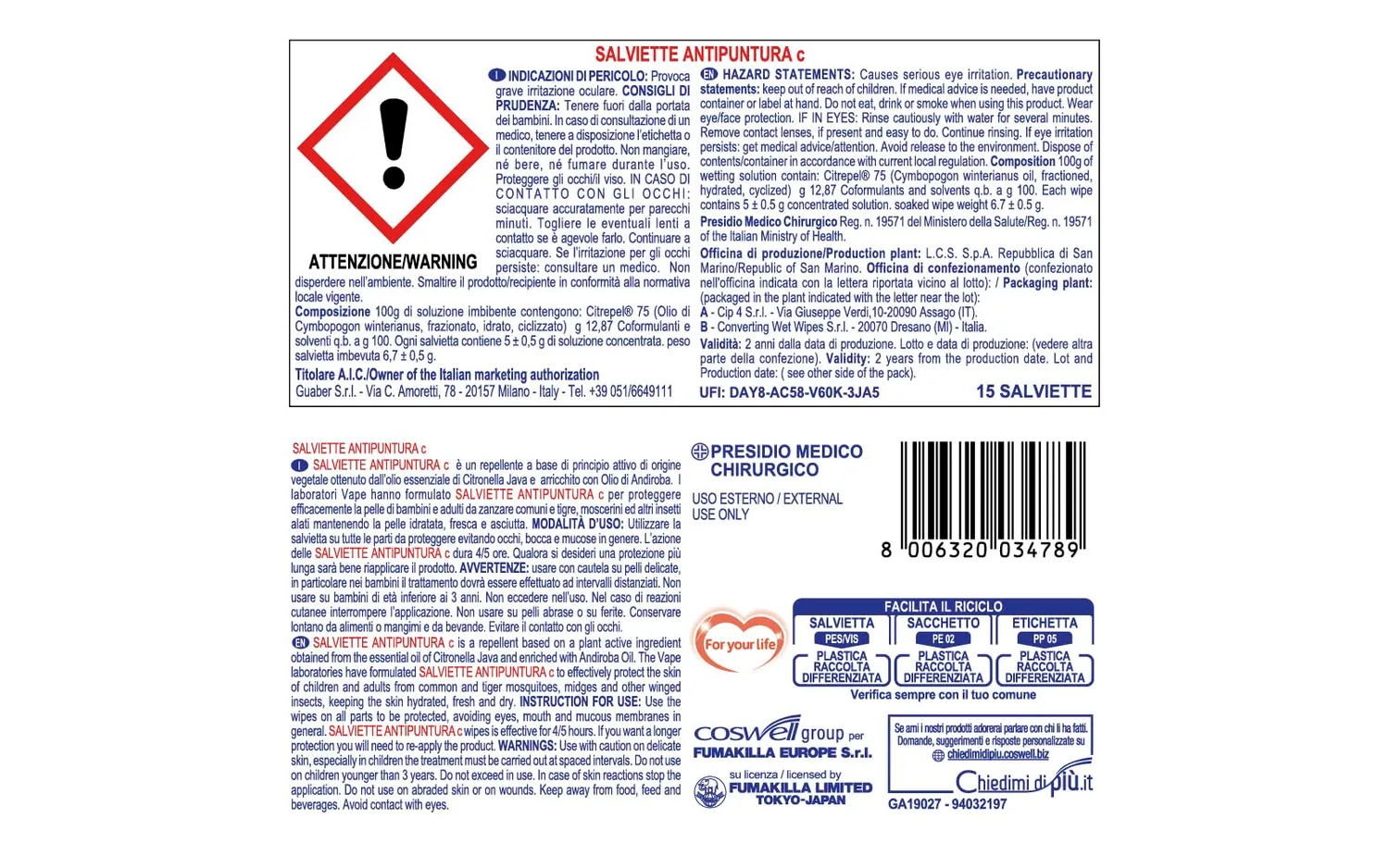Vape Derm Herbal Salviette Antipuntura 15 Pezzi Citronella