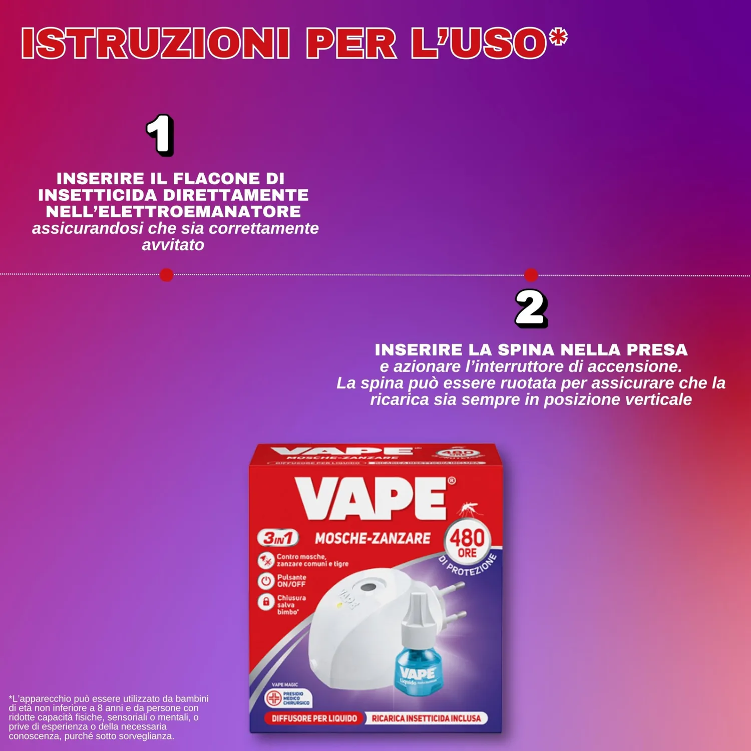 Vape Diffusore Elettrico Antizanzare + Ricarica 22 ml 480 Ore