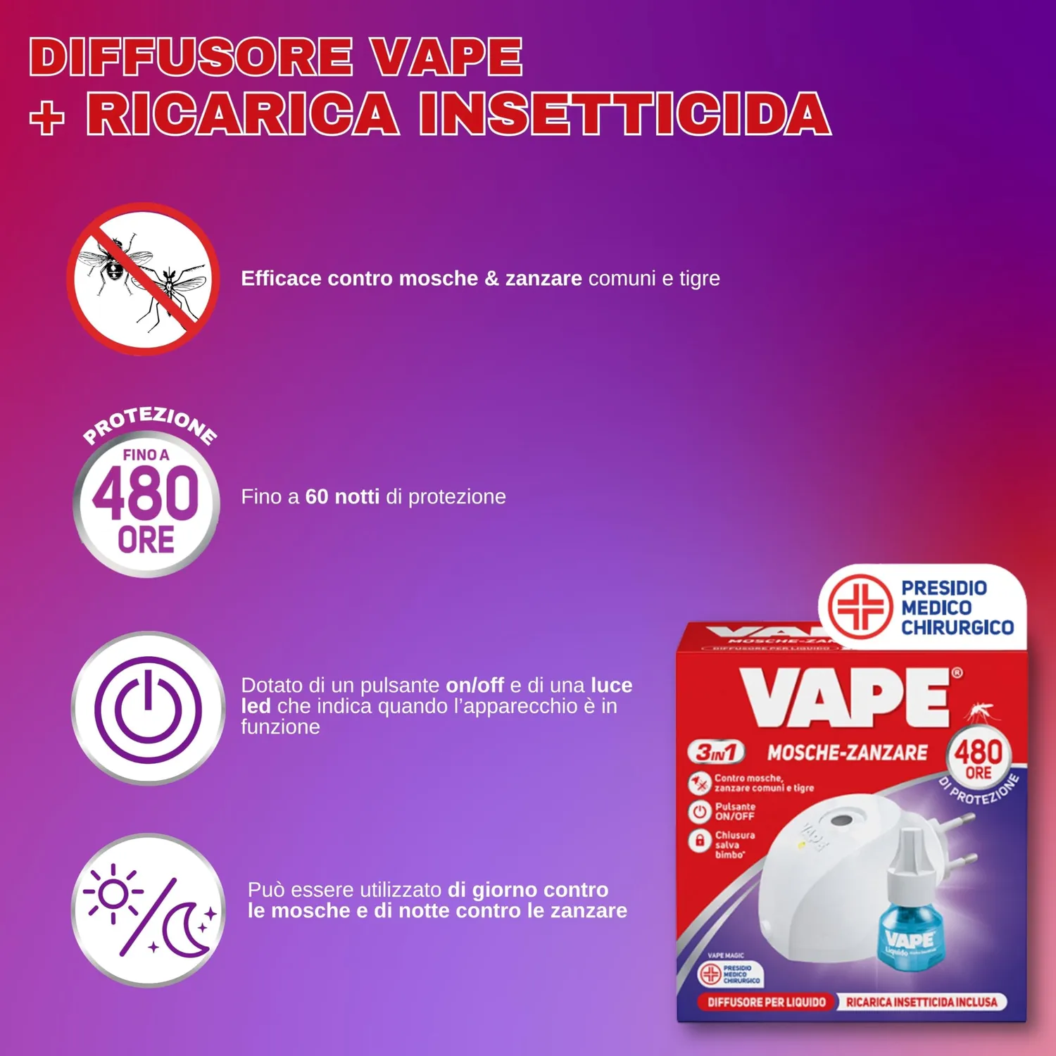 Vape Diffusore Elettrico Antizanzare + Ricarica 22 ml 480 Ore