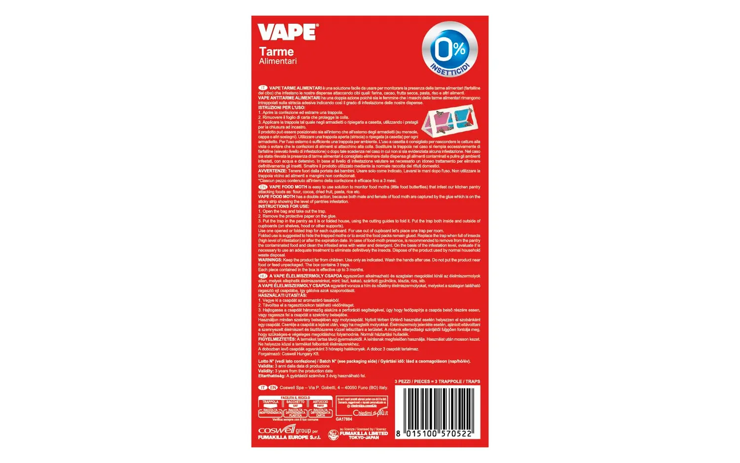 Vape Tarme Alimentari trappola adesiva 3 pezzi dispensa